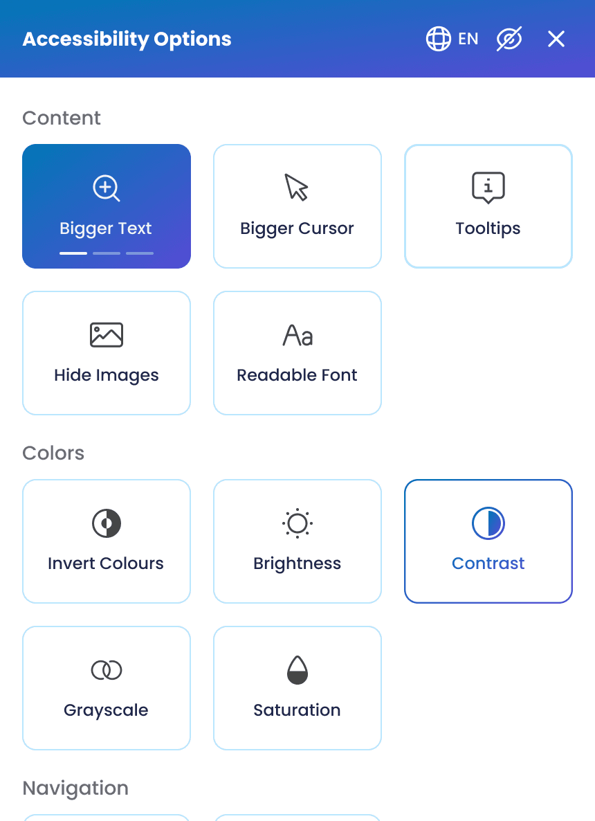 The ComplyWCAG accessibility options panel, with controls for bigger text, a bigger cursor, tooltips, readable font, and color contrast